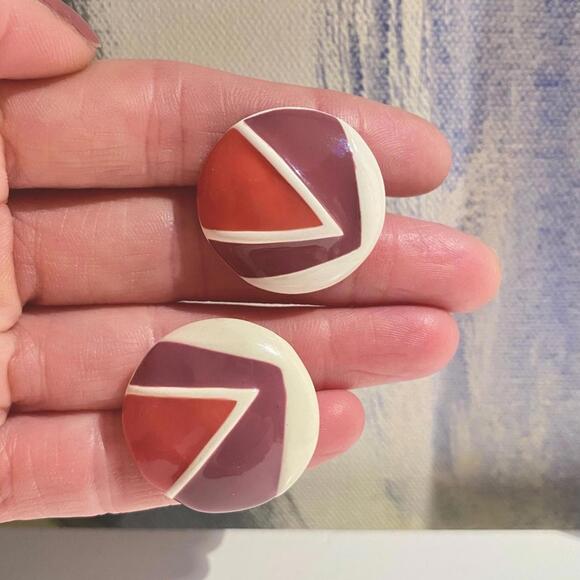 RARE Vintage 1980s NAPIER Geometric Enamel Button Earrings - Picture 5 of 5